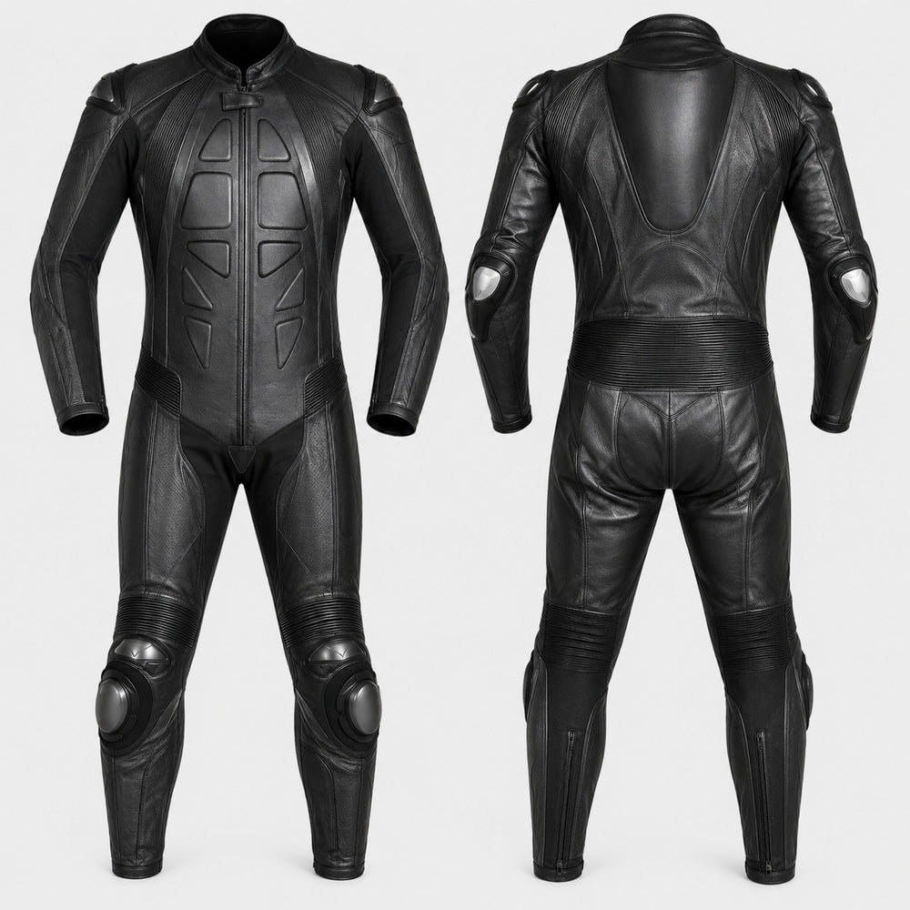 Black full-body leather costume suit shown from the front and back, featuring molded panel details, padded shoulder sections, and reinforced knee areas, on a light gray background.