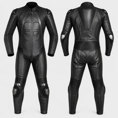 Black full-body leather costume suit shown from the front and back, featuring molded panel details, padded shoulder sections, and reinforced knee areas, on a light gray background.