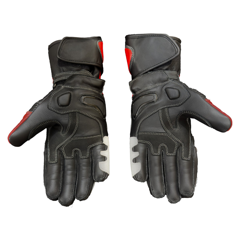 A pair of black leather motorcycle gloves shown from the back, featuring red and white protective accents on the palms and backs, photographed against a solid white background.