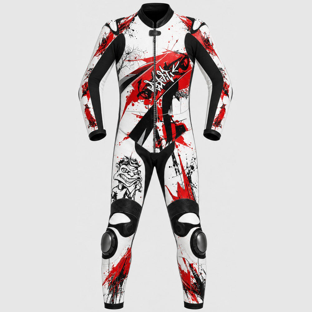 A full-body one-piece wetsuit or racing suit with a white base, black sleeves, collar, and trim, plus bold red paint-splatter graphics and black graphic artwork on the front, shown on a light gray background.