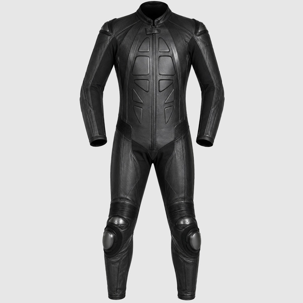 Custom black motorbike leather suit with one-piece racing construction, front view