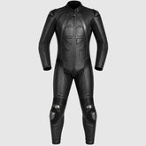 Custom black motorbike leather suit with one-piece racing construction, front view