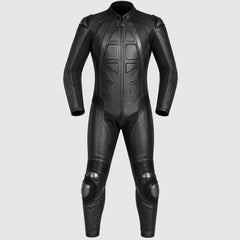 Custom black motorbike leather suit with one-piece racing construction, front view