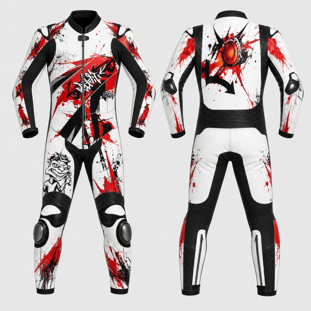 Front and back views of a full-body racing suit with a white base, black panels, and bold red paint-splatter graphics, shown on a light gray background.