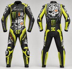 Front and back views of a personalised black and yellow motorcycle leather racing suit