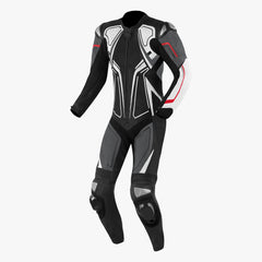 custom motorcycle racing suit black grey white front view