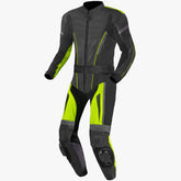 black neon leather biker suit rear view structured panel layout