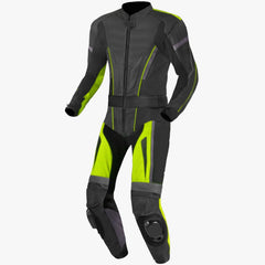 black neon leather biker suit rear view structured panel layout
