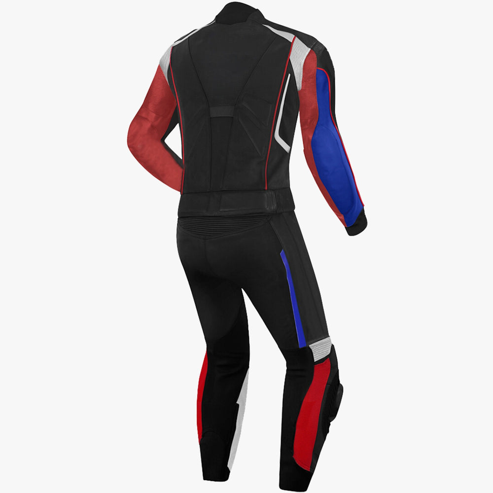 made to measure leather racing suit black red blue combination