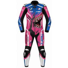 A full-body BMW Motorrad racing suit in pink, blue, black, and white, featuring a graphic of a roaring tiger on the chest and sponsor logos including BMW, RR, and HP.