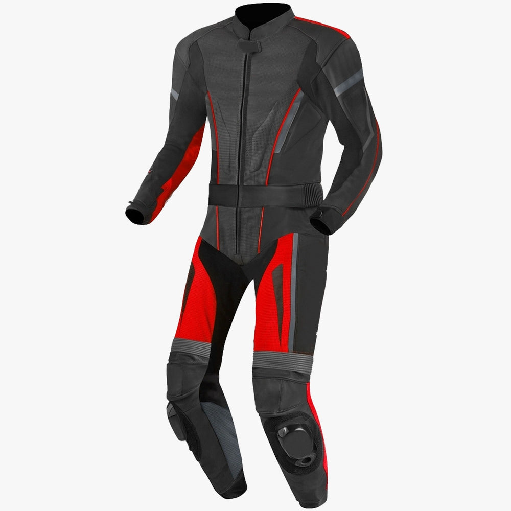 custom motorcycle leather suit black white red rear view
