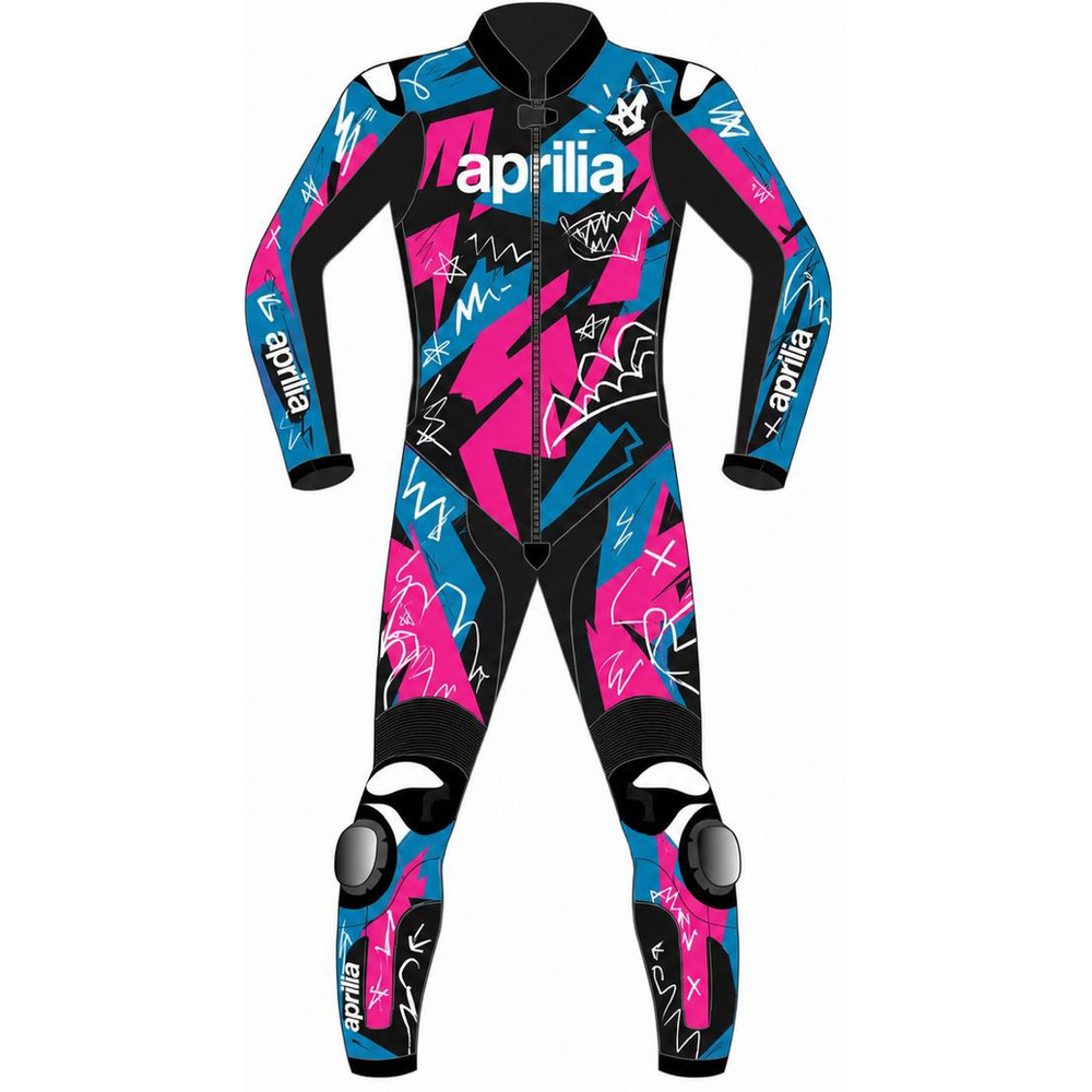 A full-body wetsuit with a black base and a vibrant graphic print in pink and blue, featuring the brand name 'aprilia' printed across the chest and on the sleeves.