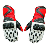 Custom red white and black motorcycle leather racing gloves with hard knuckle protection