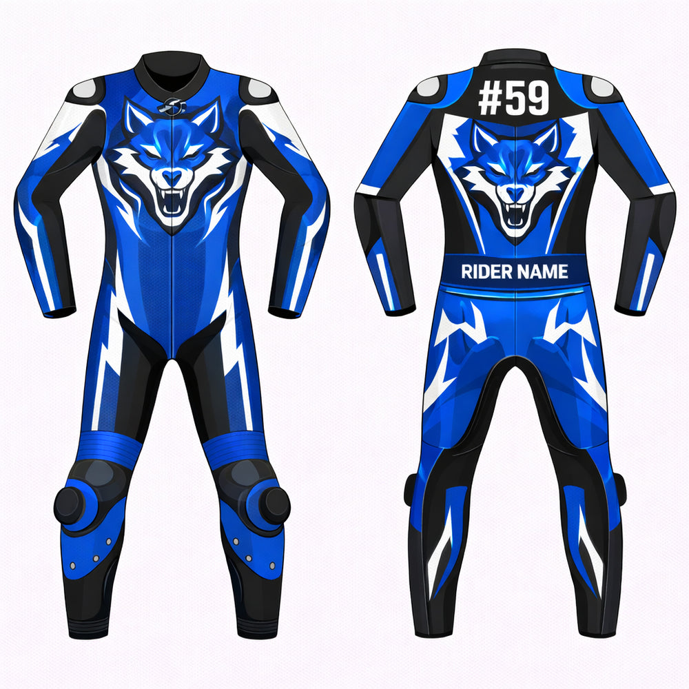 Blue Wolf custom leather motorcycle racing suit front view