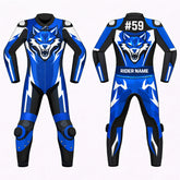 Blue Wolf custom leather motorcycle racing suit front view
