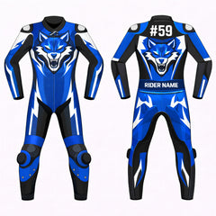 Blue Wolf custom leather motorcycle racing suit front view