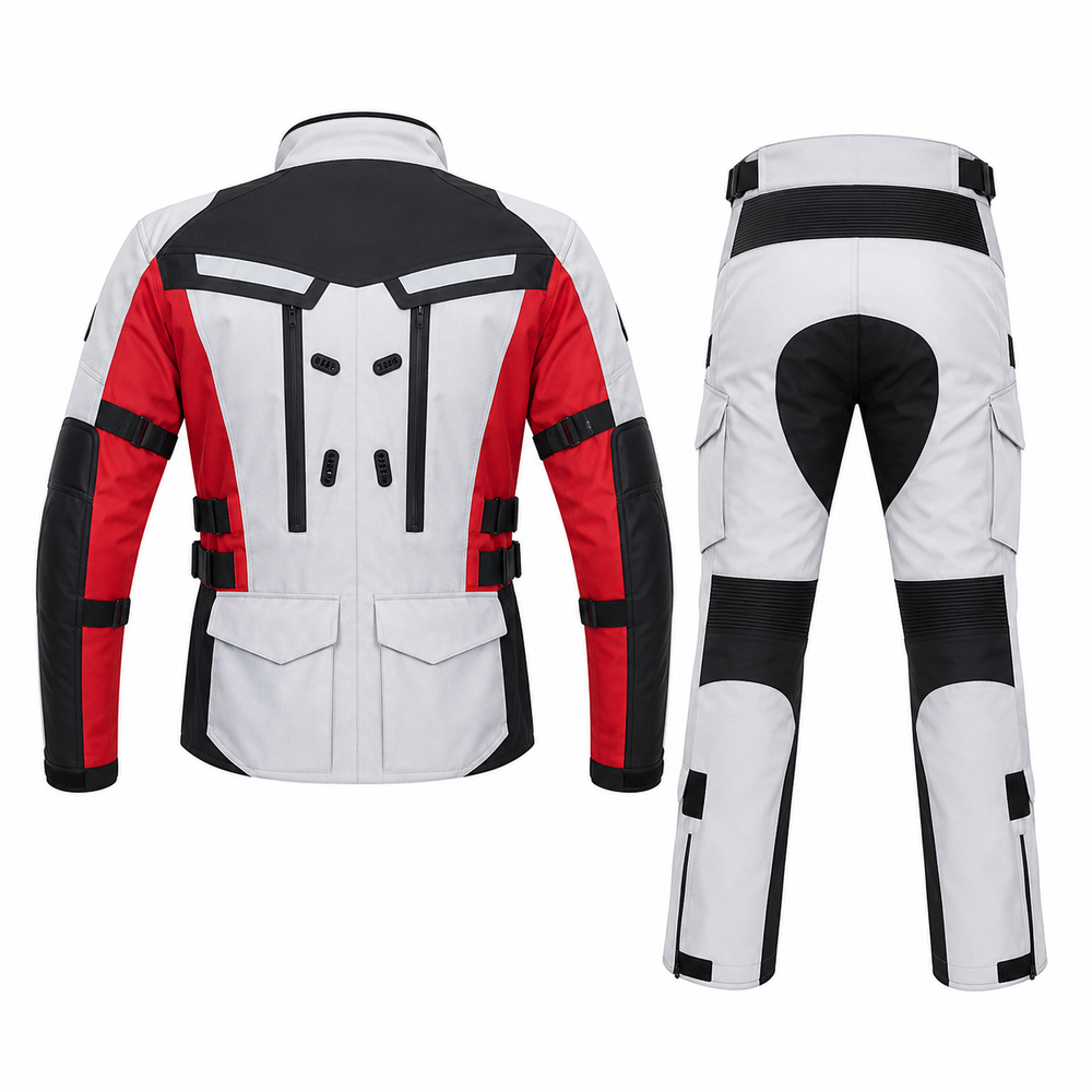 Custom Summit ADV enduro textile motorcycle riding suit white red black back view with CE armor