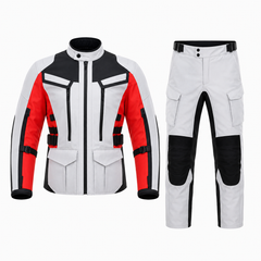 Custom Summit ADV enduro textile motorcycle riding suit white red black front view with CE armor