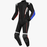 custom motorcycle racing leather suit black red blue design