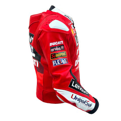 Red Ducati racing motorcycle jacket with sponsor logos including Lenovo, UnipolSai, and FLE BARI, shown on a white background.