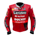A red leather racing jacket with black and white panels, featuring prominent sponsor logos including Lenovo, Ducati, Shell, and Riello, displayed on a clean white background.