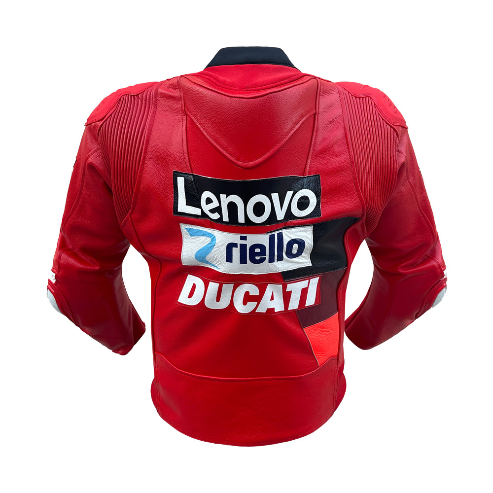 Red leather motorcycle jacket shown from the back, featuring Lenovo and Ducati sponsor logos on the back panel, set against a plain white background.
