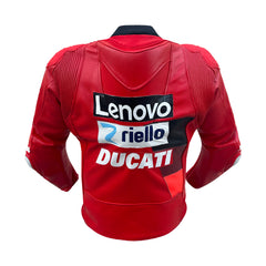Red leather motorcycle jacket shown from the back, featuring Lenovo and Ducati sponsor logos on the back panel, set against a plain white background.