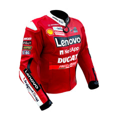 A red Ducati racing jacket with prominent Lenovo, Ducati, Shell, Castrol, and other sponsor logos, displayed on a clean white background.