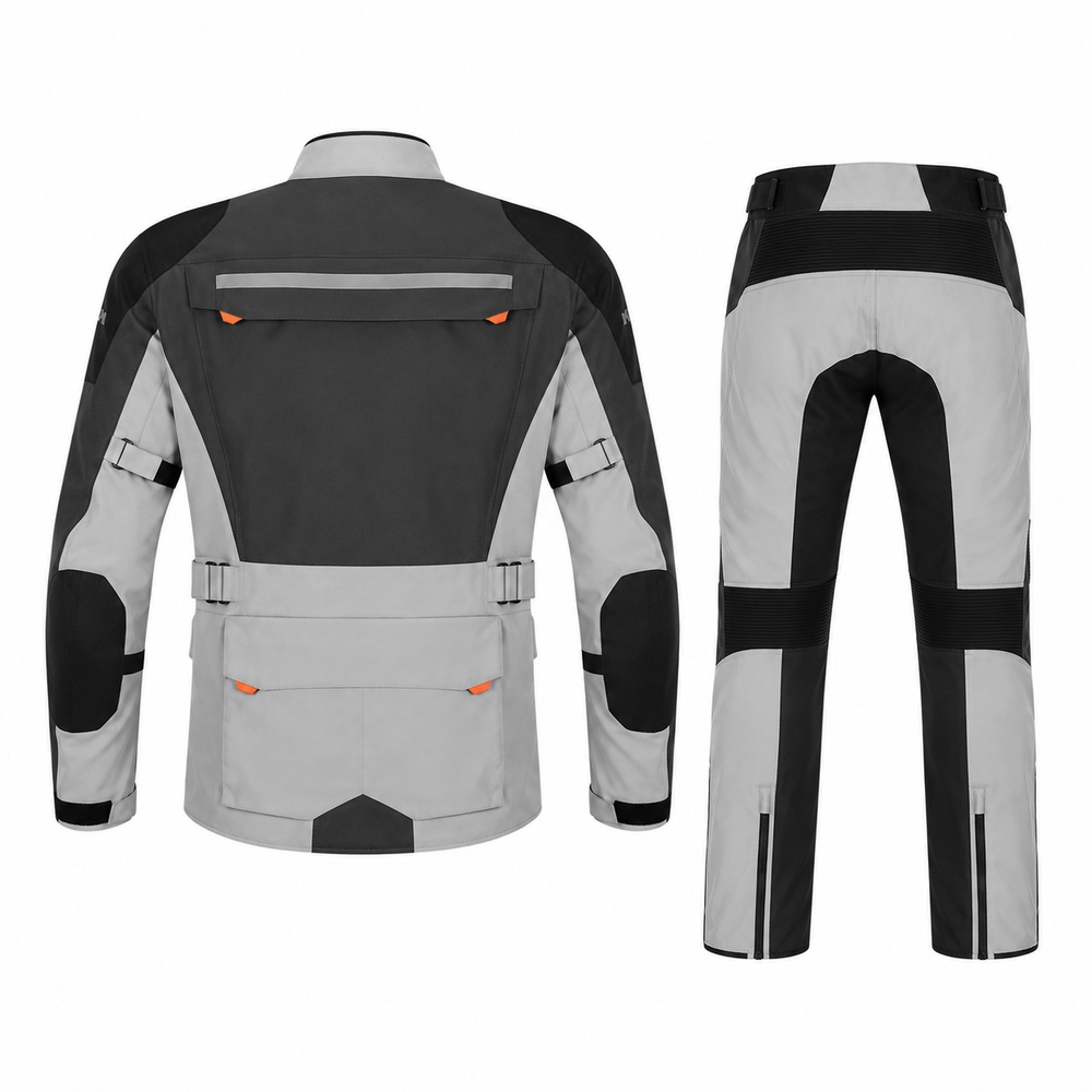 Expedition textile motorcycle riding suit grey black back view with CE armor