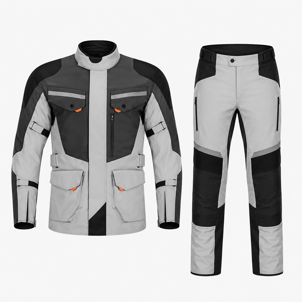 Expedition textile motorcycle riding suit grey black front view with CE armor
