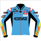 FermÃn Aldeguer Gresini Ducati 2025 MotoGP leather racing jacket front view in light blue with black panels and Gresini Racing graphics