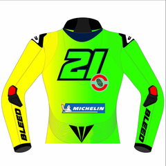 Franco Morbidelli 2025 MotoGP Barcelona winter test leather racing jacket back view in fluoro green and yellow with large number 21 and elbow sliders