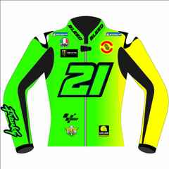 Franco Morbidelli 2025 MotoGP Barcelona winter test leather racing jacket front view in fluoro green and yellow with number 21 and Franky script