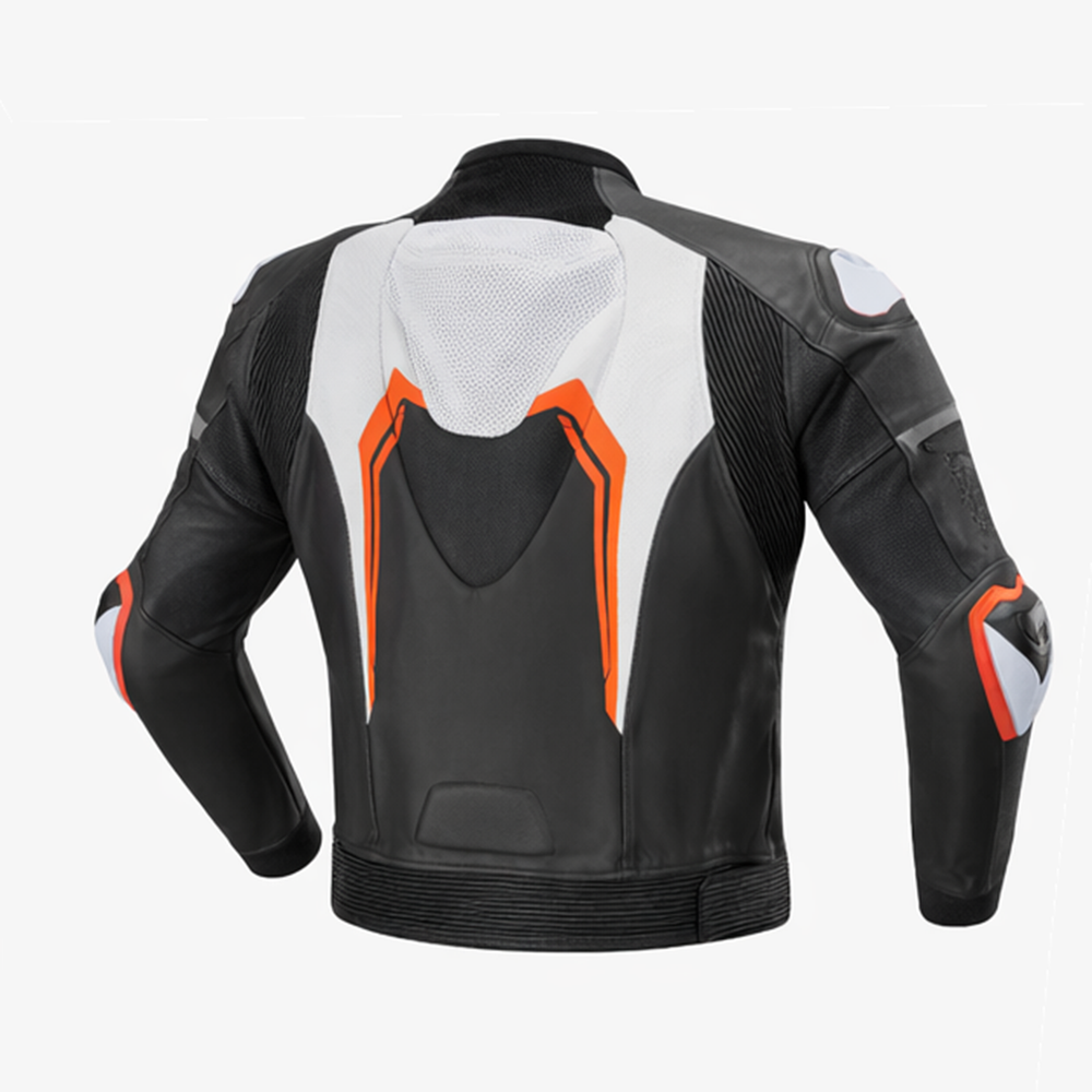 rear view of black orange riding jacket with ventilation panel and ergonomic structure