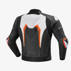 rear view of black orange riding jacket with ventilation panel and ergonomic structure