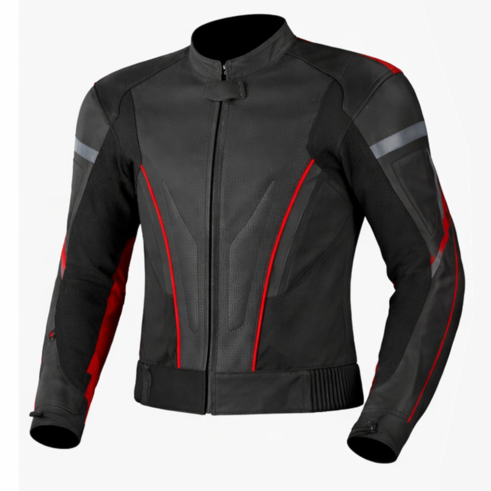 black and red motorcycle leather jacket front view with aggressive sport design
