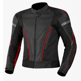 black and red motorcycle leather jacket front view with aggressive sport design