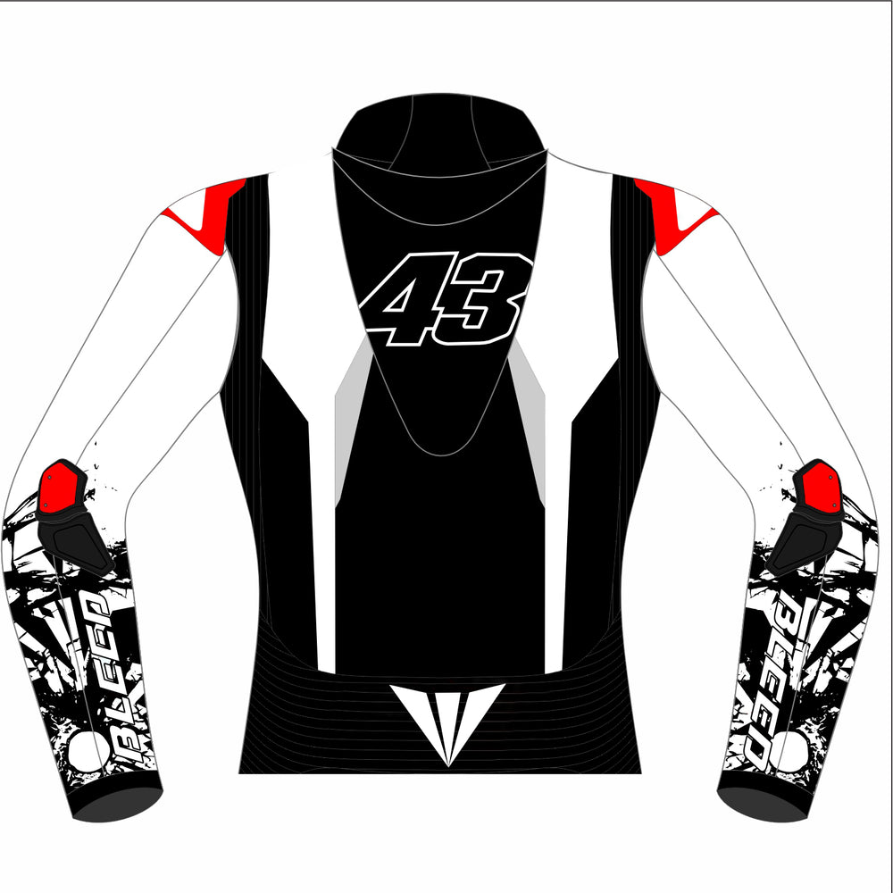 Jack Miller Pramac Yamaha 2025 MotoGP test leather racing jacket back view in black and white with large number 43 and shattered-glass sleeve design