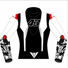 Jack Miller Pramac Yamaha 2025 MotoGP test leather racing jacket back view in black and white with large number 43 and shattered-glass sleeve design