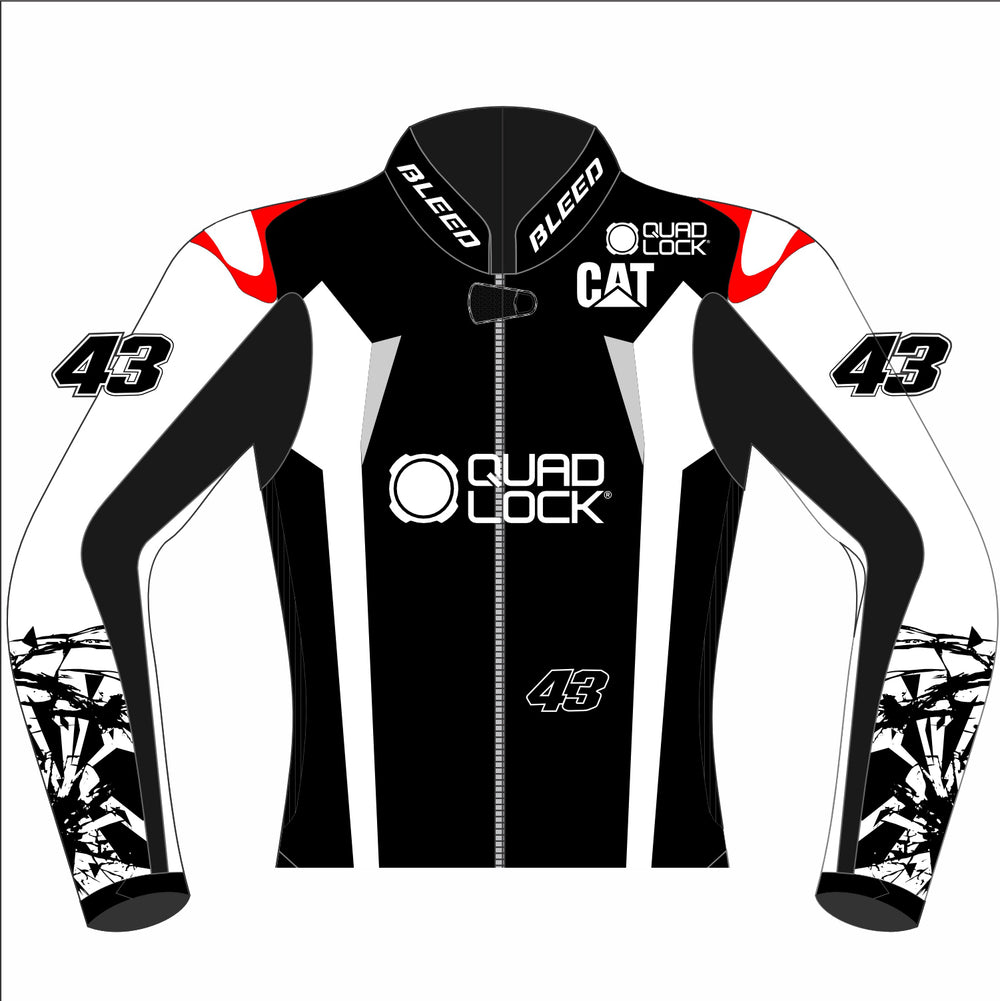 Jack Miller Pramac Yamaha 2025 MotoGP test leather racing jacket front view in black, white and grey with number 43 and red shoulder accents
