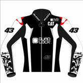 Jack Miller Pramac Yamaha 2025 MotoGP test leather racing jacket front view in black, white and grey with number 43 and red shoulder accents