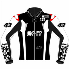 Jack Miller Pramac Yamaha 2025 MotoGP test leather racing jacket front view in black, white and grey with number 43 and red shoulder accents