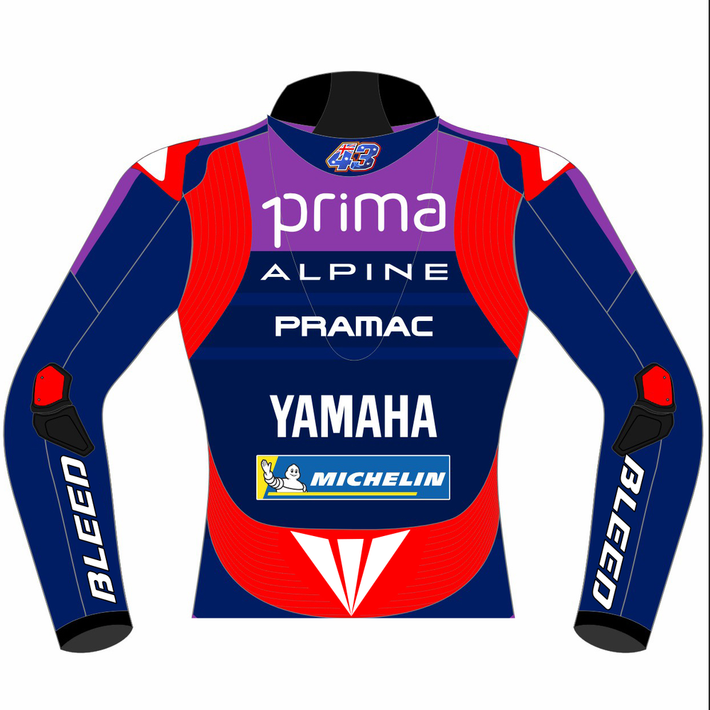 Jack Miller Prima Pramac Yamaha 2025 MotoGP leather racing jacket back view in blue and red with number 43 Australian flag styling
