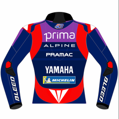 Jack Miller Prima Pramac Yamaha 2025 MotoGP leather racing jacket back view in blue and red with number 43 Australian flag styling