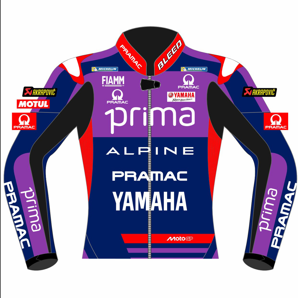 Jack Miller Prima Pramac Yamaha 2025 MotoGP leather racing jacket front view in blue, purple and red with Prima Pramac Yamaha graphics