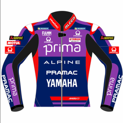 Jack Miller Prima Pramac Yamaha 2025 MotoGP leather racing jacket front view in blue, purple and red with Prima Pramac Yamaha graphics