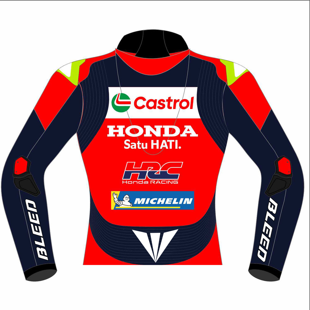 Joan Mir Castrol Honda HRC 2025 MotoGP leather racing jacket back view in red and navy with Castrol Honda HRC graphics and fluoro yellow shoulder detail