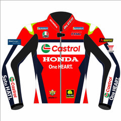 Joan Mir Castrol Honda HRC 2025 MotoGP leather racing jacket front view in red, navy and white with Castrol and Honda graphics