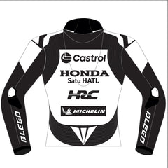 Joan Mir Castrol Honda HRC 2025 MotoGP test leather racing jacket back view in white and black with Castrol Honda HRC graphics and elbow sliders