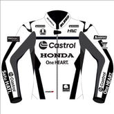 Joan Mir Castrol Honda HRC 2025 MotoGP test leather racing jacket front view in white and black with Castrol and Honda graphics